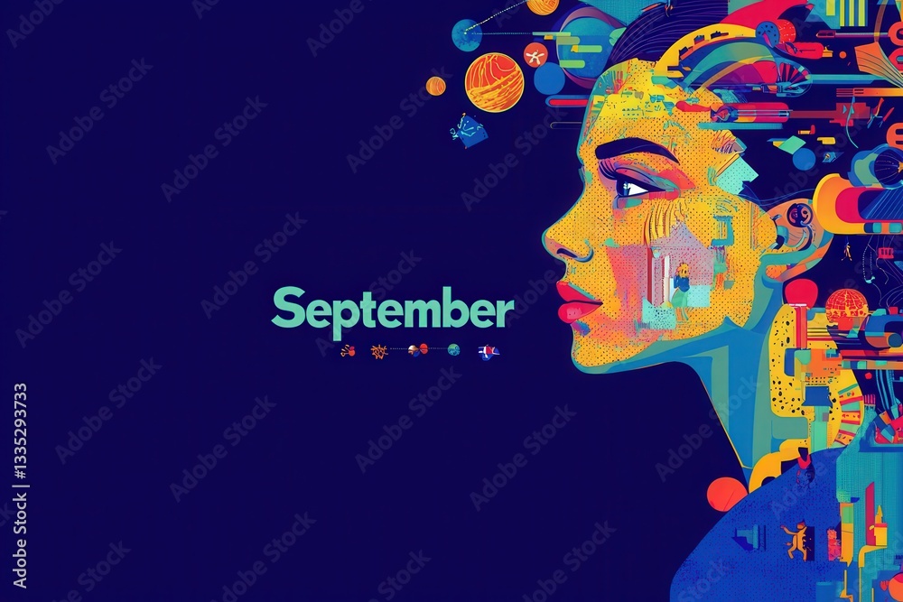 Bright and bold artwork features a womans profile adorned with various cosmic and abstract elements. This illustration symbolizes September, merging creativity with the essence of the month.