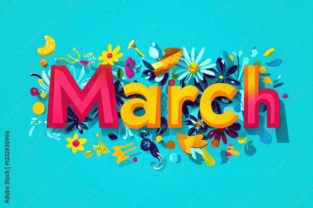 Bright and cheerful artwork features the word March surrounded by an array of colorful flowers and playful elements, embodying the spirit of spring and renewal in a lively way.