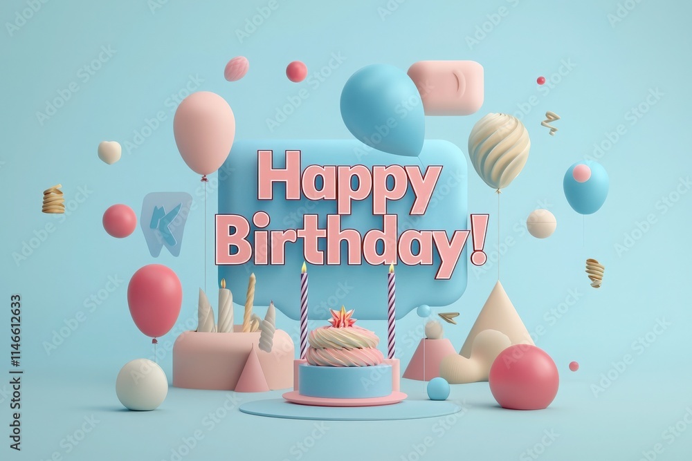 Bright and cheerful birthday backdrop features a cake surrounded by balloons, candies, and playful shapes. Soft pastel colors create a festive atmosphere perfect for celebrating special moments.