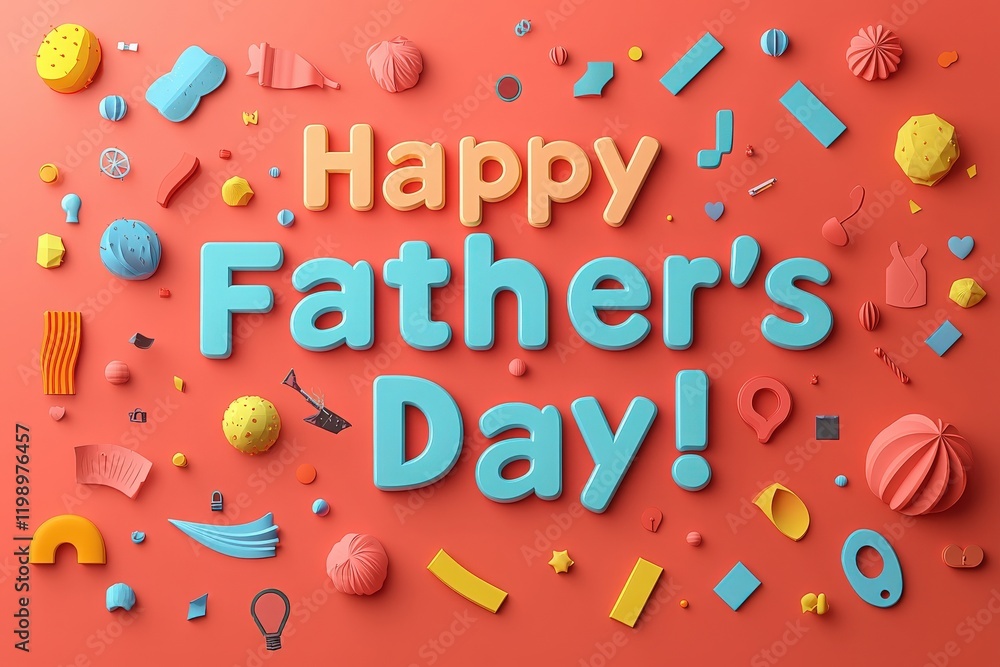 Bright and cheerful decorations are arranged to celebrate Fathers Day. Colorful letters spell out the festive greeting, surrounded by playful shapes and symbols that evoke joy and creativity.