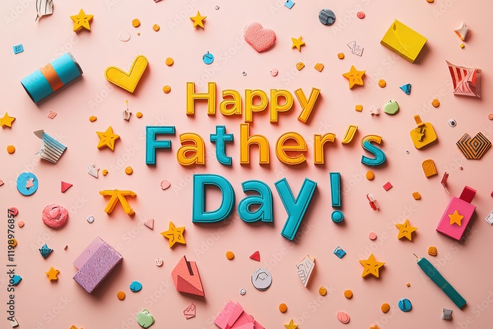 Bright and cheerful decorations celebrate Fathers Day with colorful letters and playful shapes scattered on a pastel background. The festive arrangement creates a joyful atmosphere.
