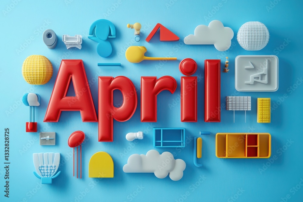 Bright and cheerful decorations display the word April in large red letters surrounded by various colorful shapes and designs. The backdrop is a calming blue, enhancing the festive feel.