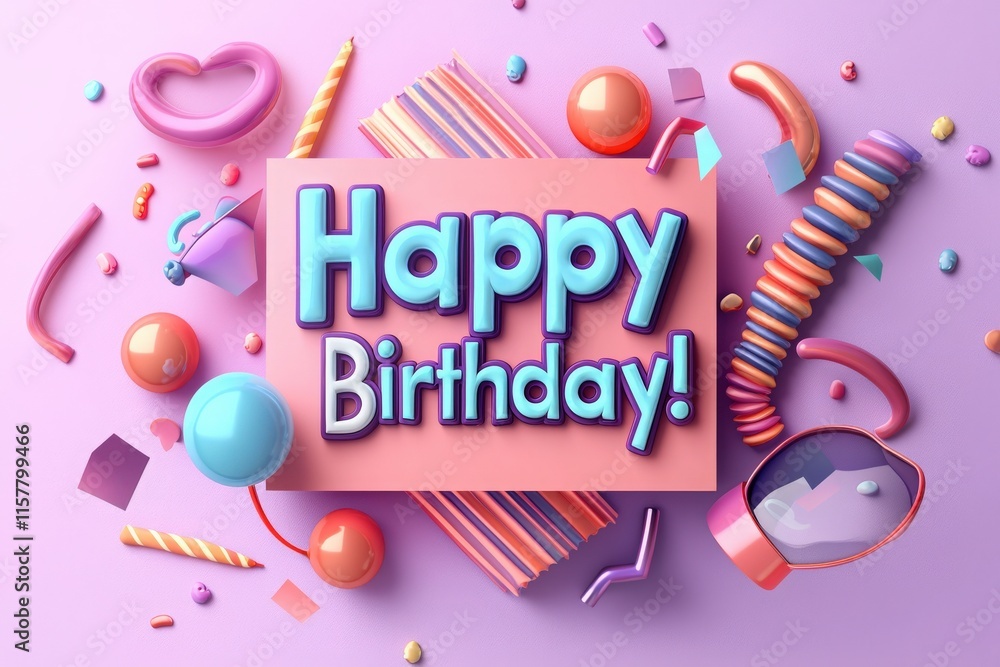 Bright and cheerful decorations fill the composition, showcasing playful shapes and vibrant colors, ideal for a birthday celebration. Happy birthday message adds to the festive atmosphere.