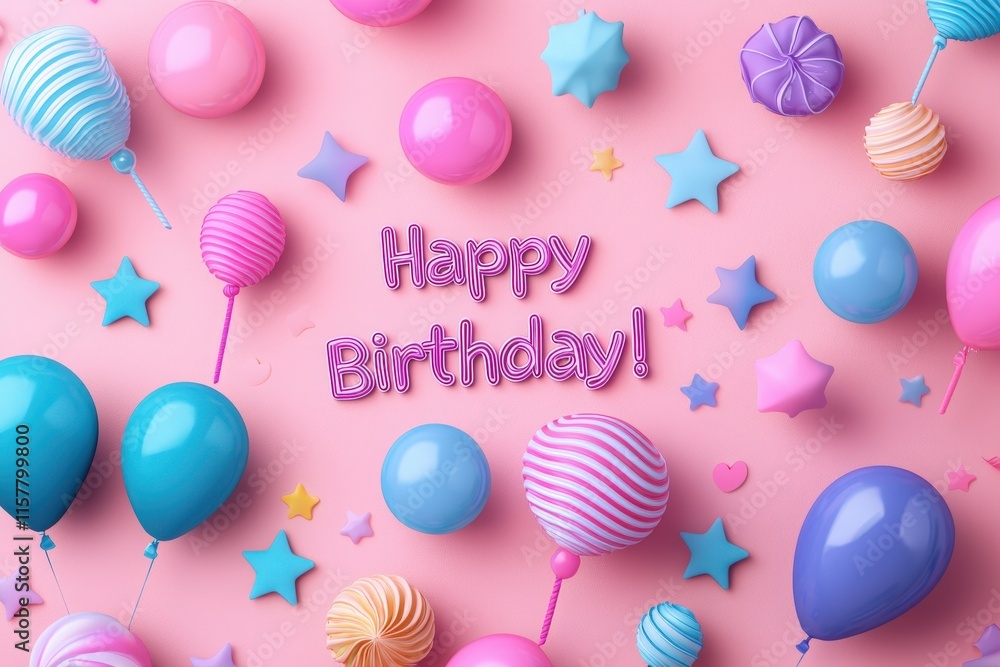 Bright and cheerful decorations fill the scene, featuring various colorful balloons, stars, and a festive Happy Birthday! text arranged on a soft pink backdrop, creating a joyful atmosphere.