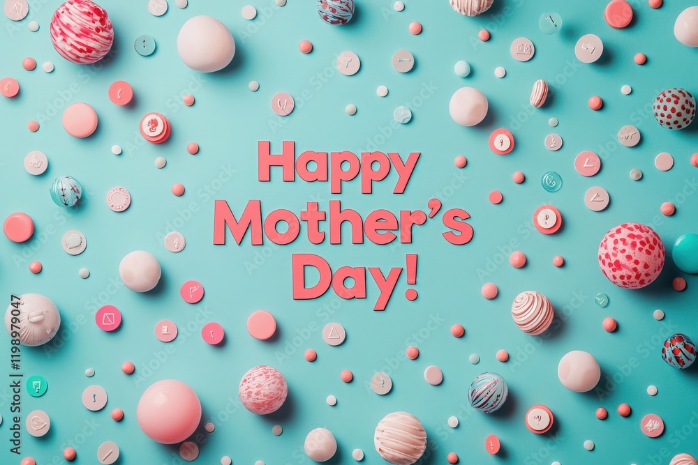 Bright and cheerful decorations for Mothers Day are displayed on a vibrant blue surface. Candy and sweet treats are arranged artistically, creating a festive atmosphere of joy.