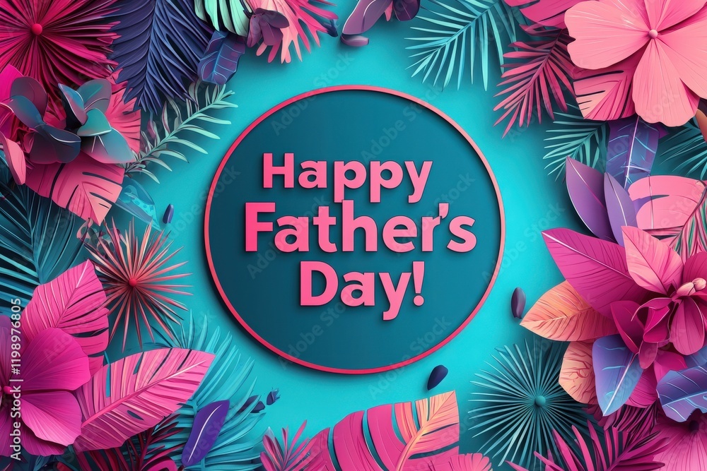 Bright and cheerful decorations surround a central message celebrating Fathers Day. Colorful flowers and tropical leaves create a festive atmosphere perfect for honoring fathers.