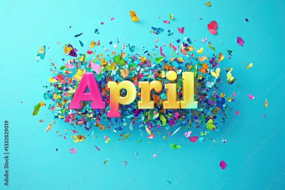 Bright and cheerful display featuring the word April in bold letters surrounded by an explosion of colorful confetti and flower petals on a soft blue backdrop, capturing the essence of spring.