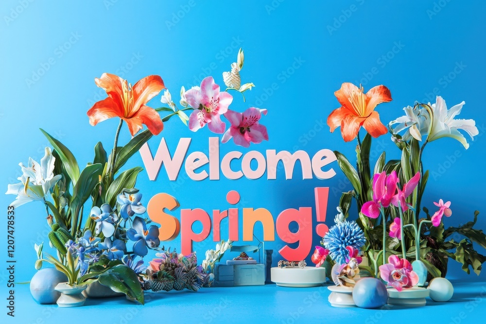 Bright and cheerful floral arrangement featuring various flowers and a colorful welcome spring sign. The backdrop adds a fresh, lively touch to the spring seasons arrival.
