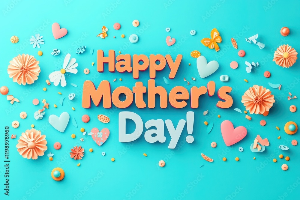 Bright and cheerful greeting celebrates Mothers Day with colorful flowers, hearts, and butterflies scattered on a blue background, creating a festive and joyful atmosphere.