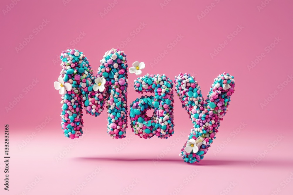 Bright and cheerful letters form the word May, adorned with various pastel-colored candies and small flowers. The vibrant design captures a playful, spring-themed aesthetic perfect for celebrations.