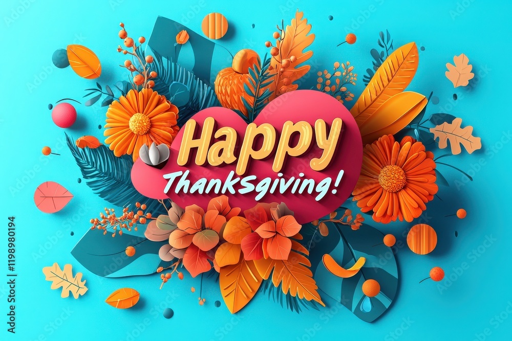 Bright and colorful arrangement showcases various flowers and leaves, along with a bold greeting for Thanksgiving. The combination of hues creates a festive atmosphere ideal for the holiday.