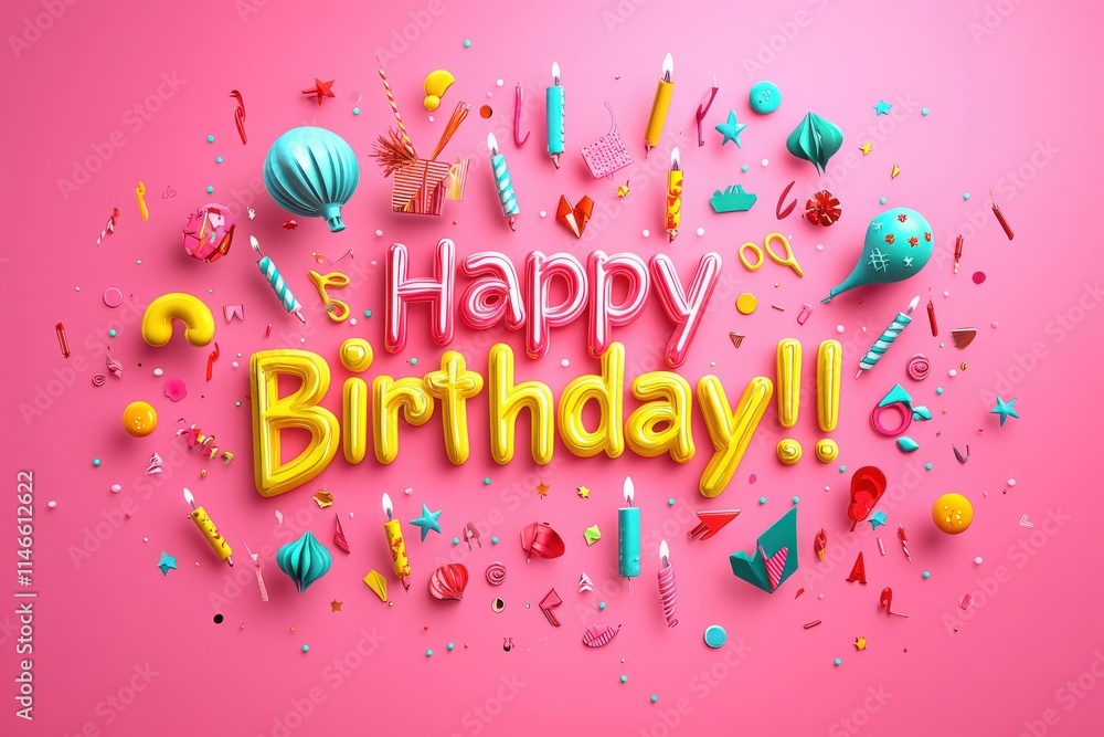 Bright and colorful decorations celebrating a birthday party are spread across a pink background. Balloons, confetti, candles, and playful elements create a festive atmosphere.