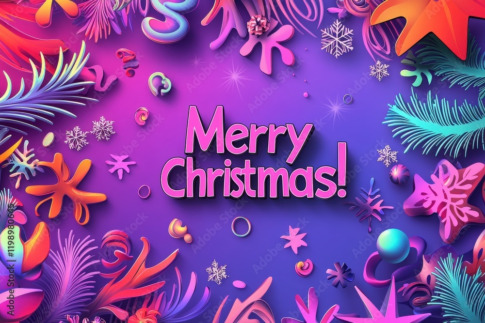 Bright and colorful decorations highlight the festive season, showcasing the phrase Merry Christmas. Various shapes and designs create a joyful and lively atmosphere suitable for the holiday.