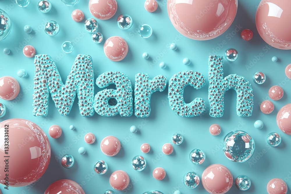 Bright and colorful decorations showcase the word March made from shiny, sparkling letters. Various pink and clear bubbles are scattered around on a light blue surface, creating a playful atmosphere.