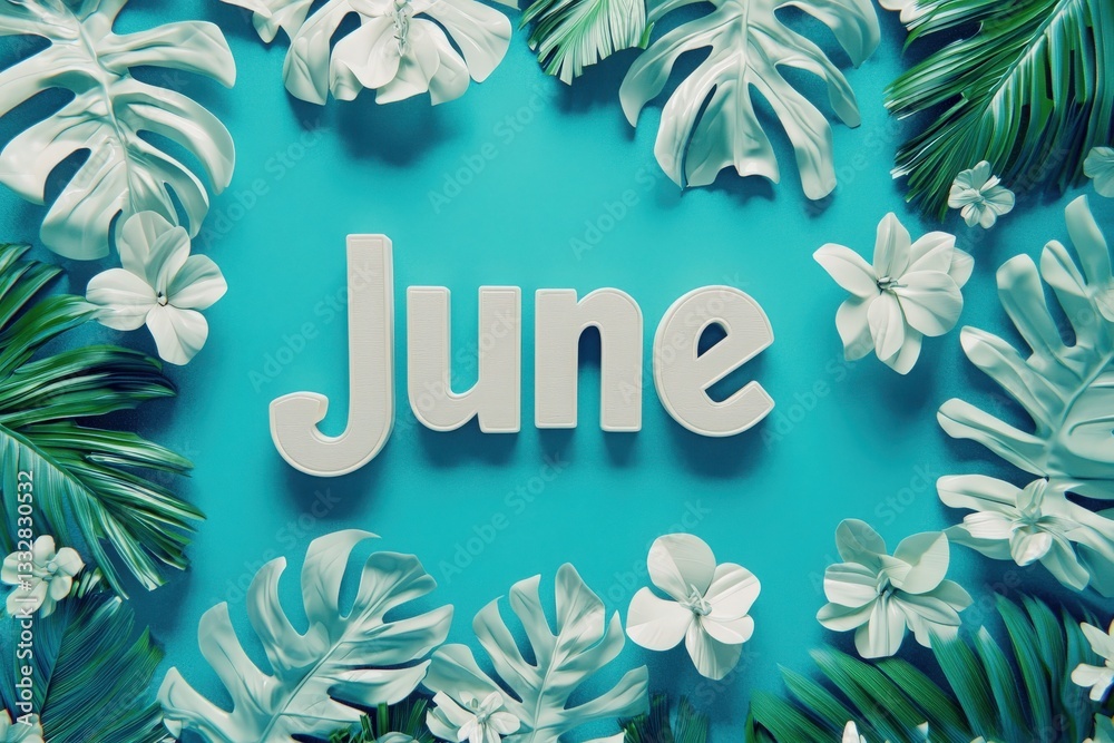 Bright and colorful display showcases the word June surrounded by white and green tropical leaves and flowers on a vibrant blue background, creating a cheerful and summery atmosphere.