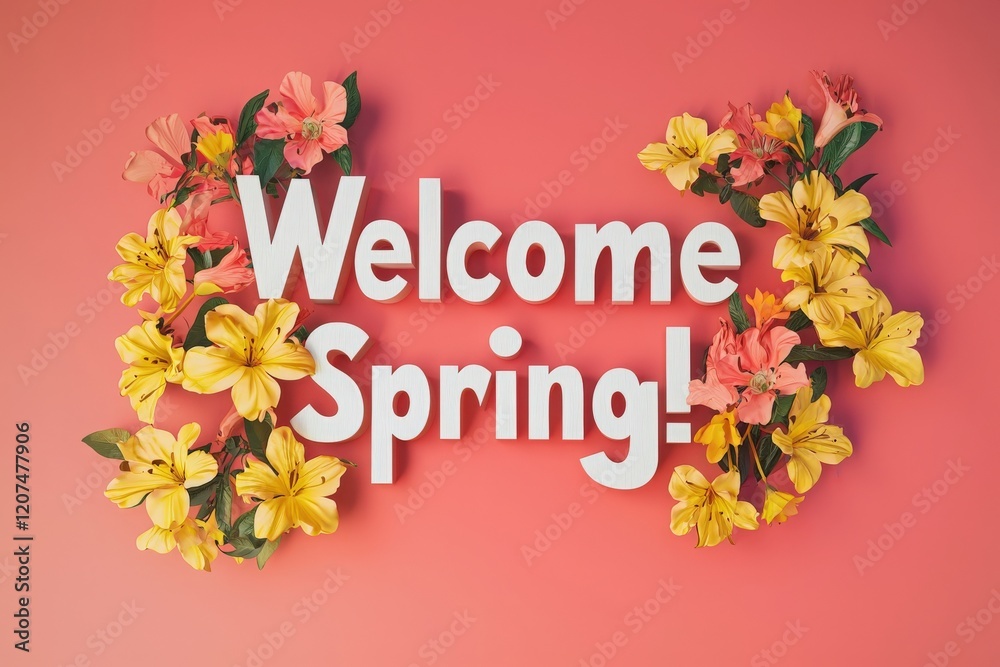 Bright and colorful flowers frame a cheerful message that welcomes spring. The vivid backdrop enhances the joyful ambiance, celebrating the arrival of the new season with life and color.