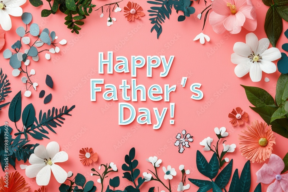 Bright and colorful flowers frame a message wishing a happy Fathers Day, creating a festive atmosphere. The vibrant design invites celebration and appreciation for fathers everywhere.