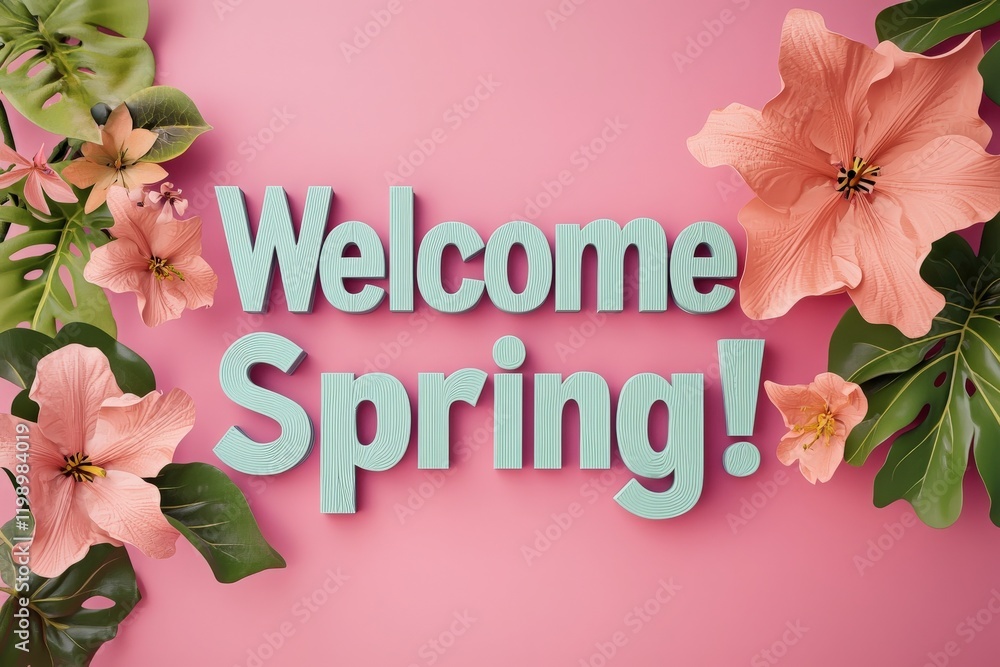 Bright and colorful lettering announces the arrival of spring, surrounded by lush green leaves and delicate pink flowers. This vibrant display captures the essence of the season.
