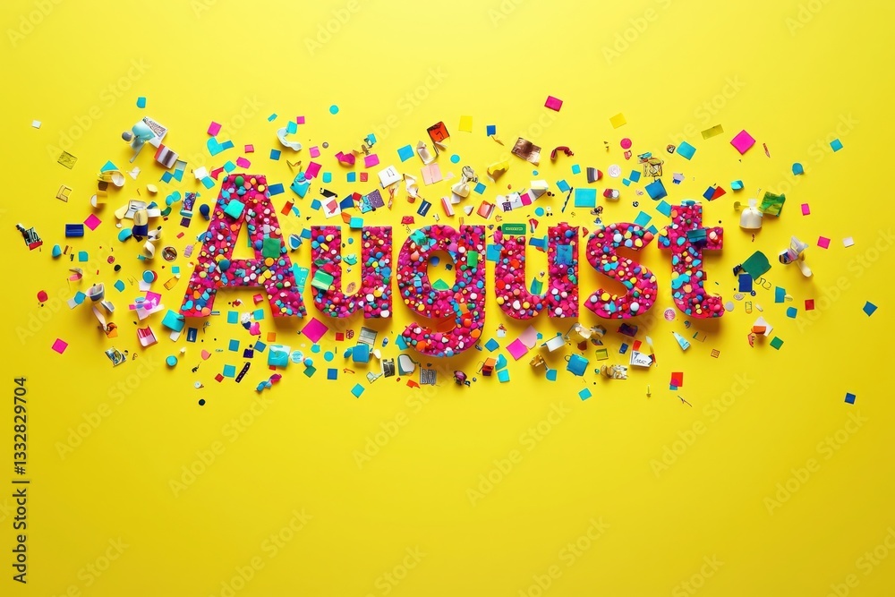 Bright and colorful letters spell out August, surrounded by a lively mix of confetti and small decor items on a vibrant yellow backdrop, creating a festive atmosphere.
