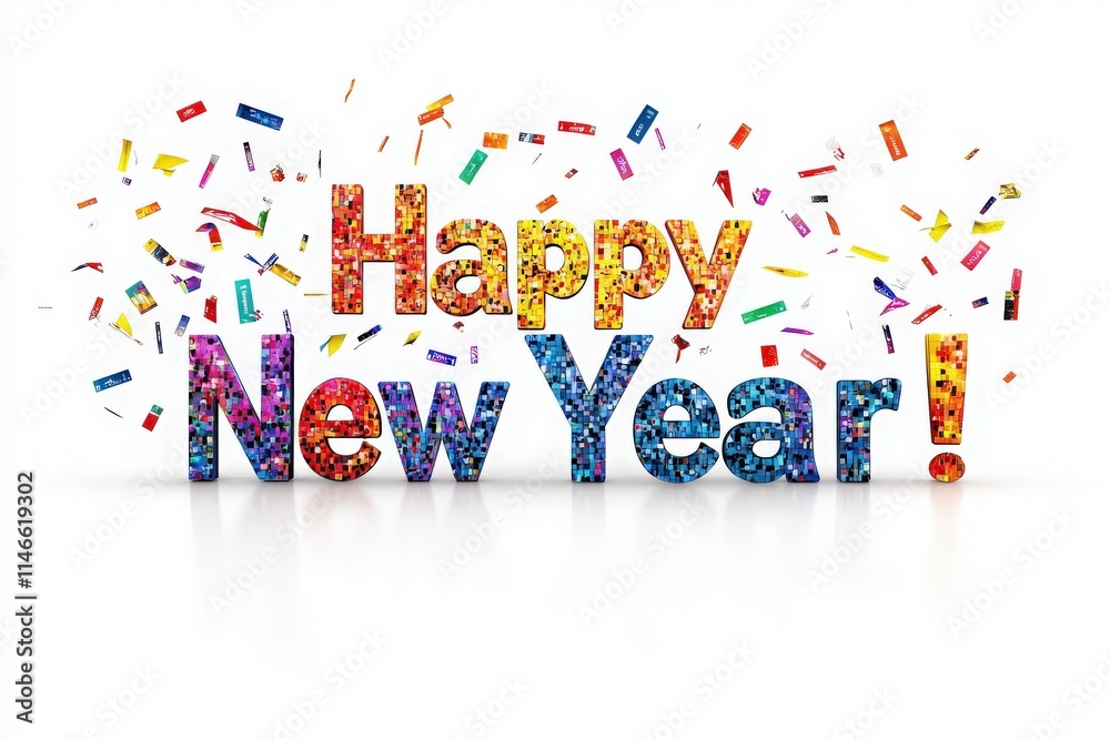 Bright and colorful letters spell out Happy New Year surrounded by vibrant confetti, creating a festive atmosphere perfect for welcoming the new year with joy and excitement.