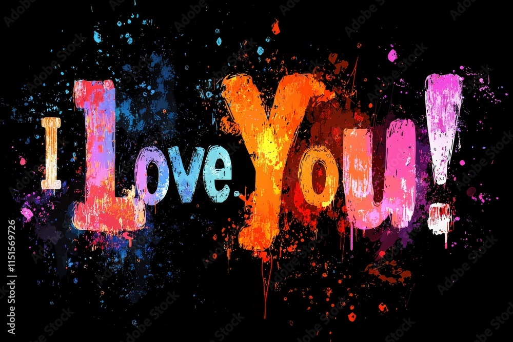 Bright and colorful letters spell out a heartfelt message with vibrant splashes of paint, creating a lively and artistic representation of affection and passion.