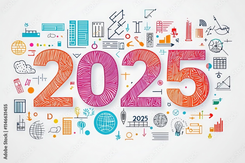 Bright and colorful numbers 2025 are surrounded by various symbols representing technology, business, and global themes, showcasing a modern artistic design celebrating the future.