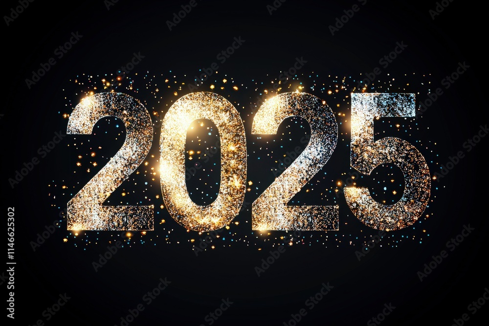 Bright and colorful numbers representing 2025 shine against a dark backdrop. Sparkles and glimmers create a celebratory mood, signaling the arrival of the new year and festivities.