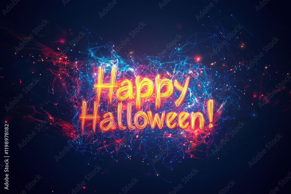 Bright and colorful text reads Happy Halloween against a dark background filled with glowing lights. The design showcases a festive atmosphere perfect for Halloween events or decorations.