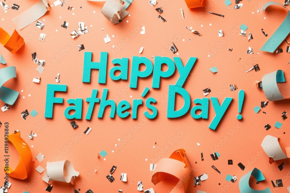 Bright and festive decorations create a joyful atmosphere for Fathers Day celebrations. Colorful ribbons and glitter surround a cheerful message expressing love and appreciation for fathers.