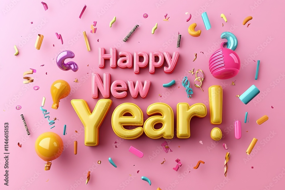 Bright and festive decorations create a joyful atmosphere for New Year celebrations. Bold letters spell out happiness while colorful confetti adds to the excitement of the occasion.