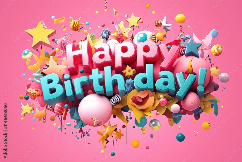 Bright and festive decorations fill the scene with vibrant colors, highlighting a joyful birthday celebration featuring playful elements like stars, balloons, and a cheerful message.
