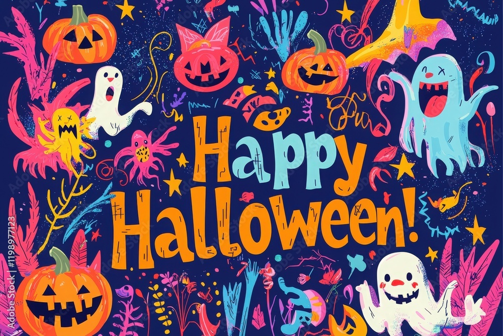 Bright and festive design featuring various Halloween elements such as pumpkins, ghosts, and playful creatures.