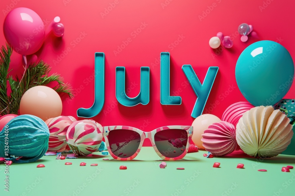 Bright and festive setup showcasing July themes. Colorful balloons, paper decorations, and stylish sunglasses create a cheerful atmosphere perfect for summer celebrations.