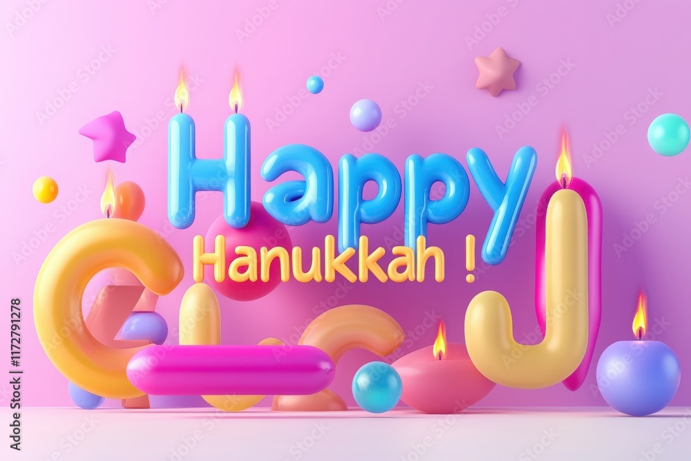 Bright and festive text spells out Happy Hanukkah against a pastel background, featuring colorful balloons and candles, creating a joyful holiday atmosphere perfect for seasonal festivities.