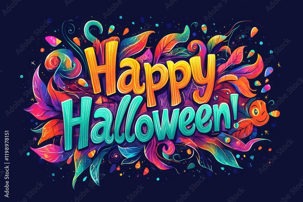 Bright and lively artwork displays Happy Halloween in bold letters, surrounded by dynamic leaves and playful elements in a vivid color palette. Perfect for festive promotions.