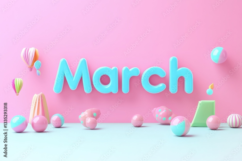 Bright and playful 3D design featuring the word March in pastel colors. The display includes decorative elements like balloons and various round shapes, creating a whimsical atmosphere.