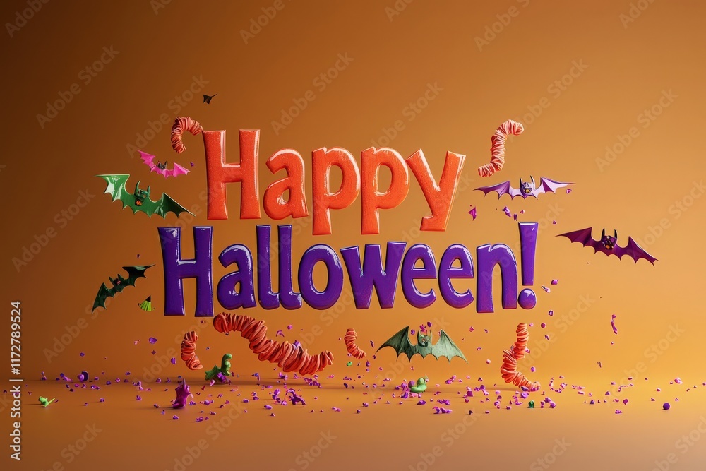 Bright and playful Halloween greeting showcases the words Happy Halloween in bold colors surrounded by playful decorations like bats and candy worms, perfect for holiday celebrations.