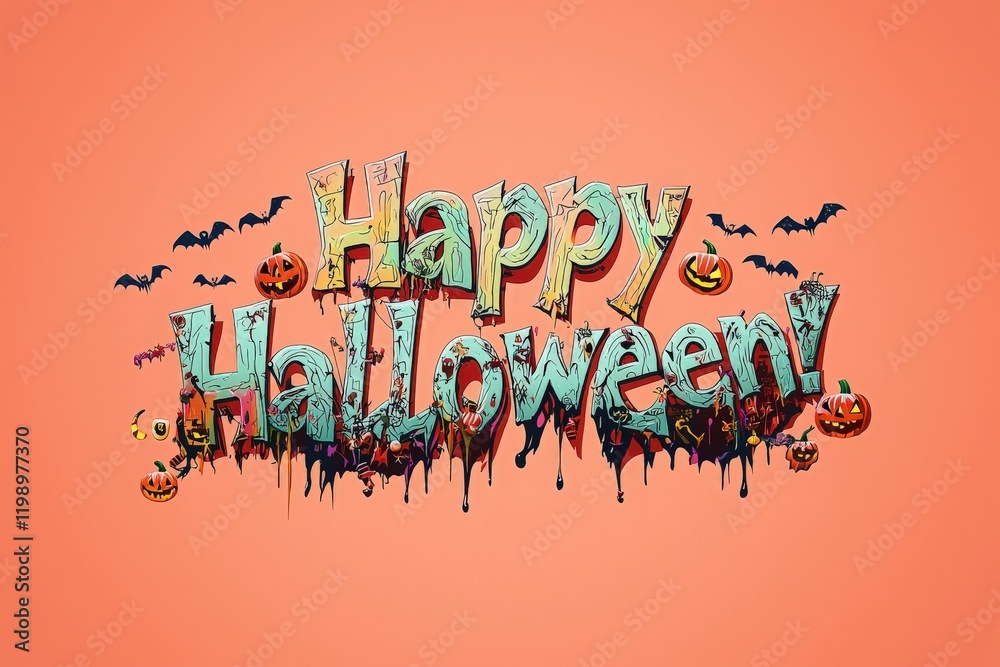 Bright and playful Halloween greeting showcases the words Happy Halloween! surrounded by cute pumpkins and bats, set against a vivid orange background that captures festive spirit.