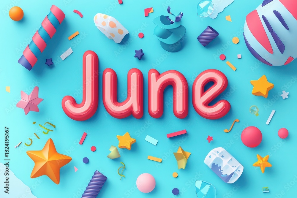 Bright and playful arrangement features the word June in bold lettering, surrounded by various festive shapes and decorations, creating a cheerful atmosphere perfect for summer celebrations.