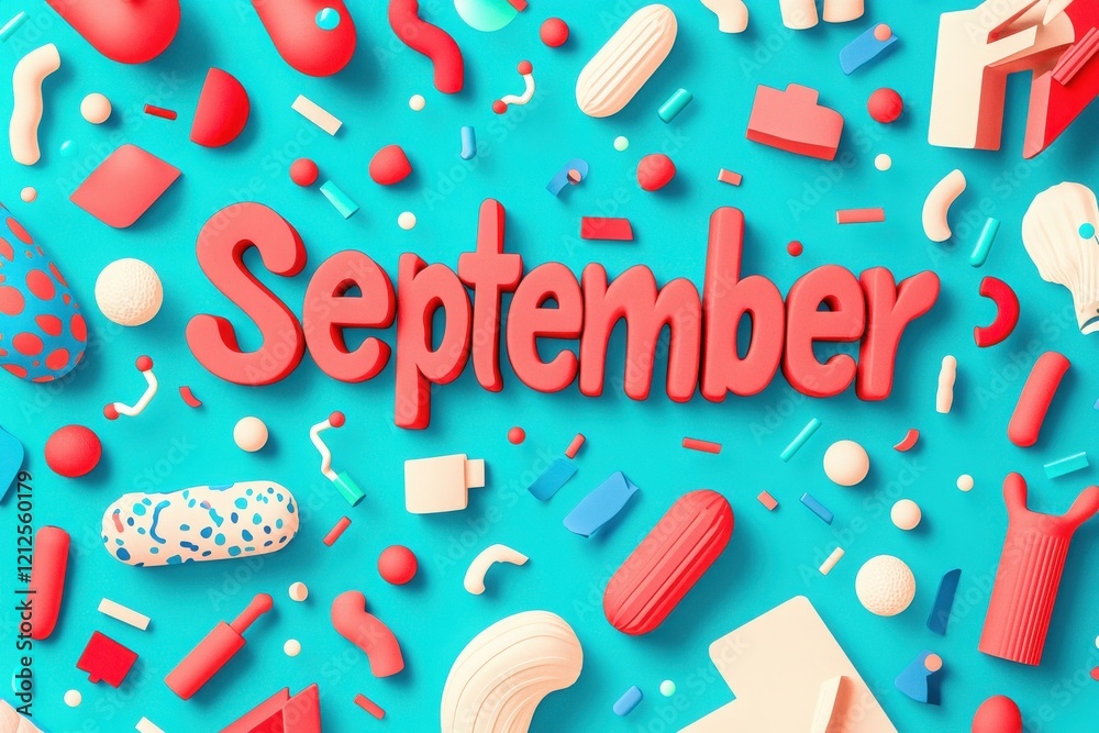 Bright and playful arrangement of vibrant 3D shapes in various colors surrounds the word September, creating an inviting and artistic composition. Perfect for seasonal inspiration.