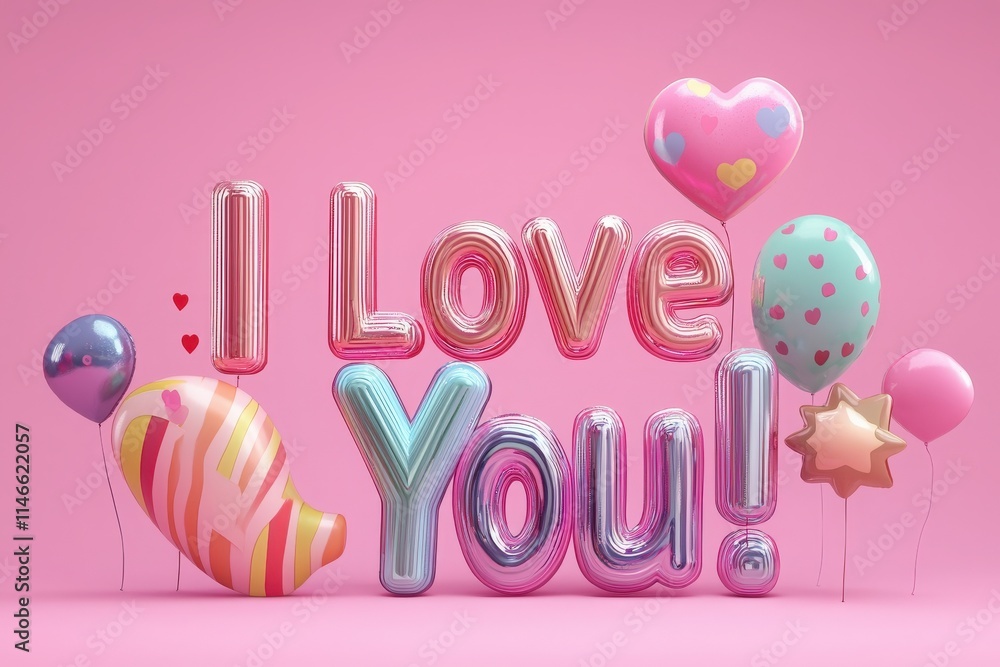 Bright and playful balloons and decorations display a heartfelt message of love. The vibrant colors create an inviting atmosphere, perfect for special occasions or surprises.