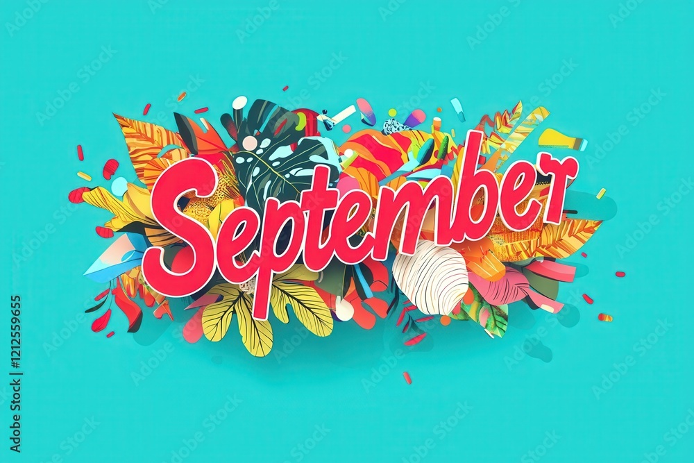 Bright and playful composition highlighting the word September. Rich tropical leaves, patterns, and vibrant colors create an energetic atmosphere, celebrating the arrival of autumn.
