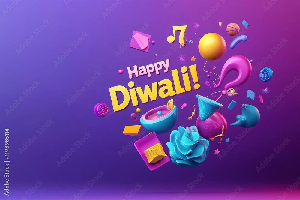 Bright and playful decorations for Diwali highlight traditional symbols like lamps and sweets, creating a festive atmosphere.
