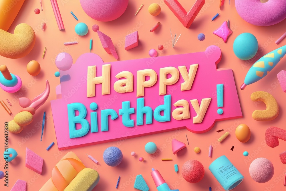 Bright and playful design showcases a variety of colorful shapes and textures with a joyful birthday message at the center. Perfect for invitations or decorations celebrating a special occasion.