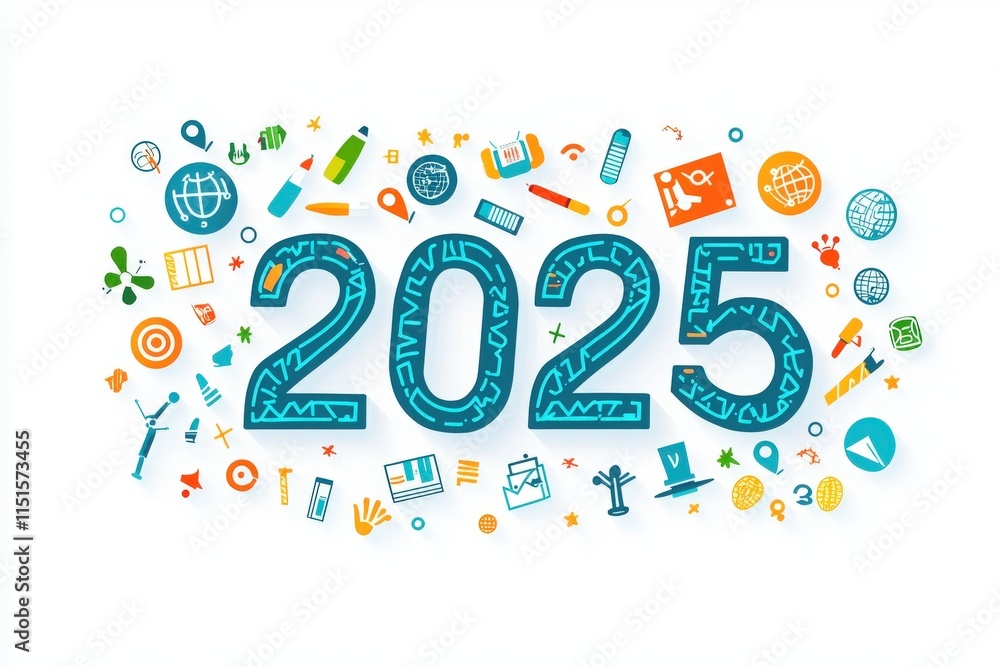 Bright and playful design showcases the year 2025 surrounded by various educational and creative tools. Icons include books, globes, and art supplies, symbolizing learning and creativity.