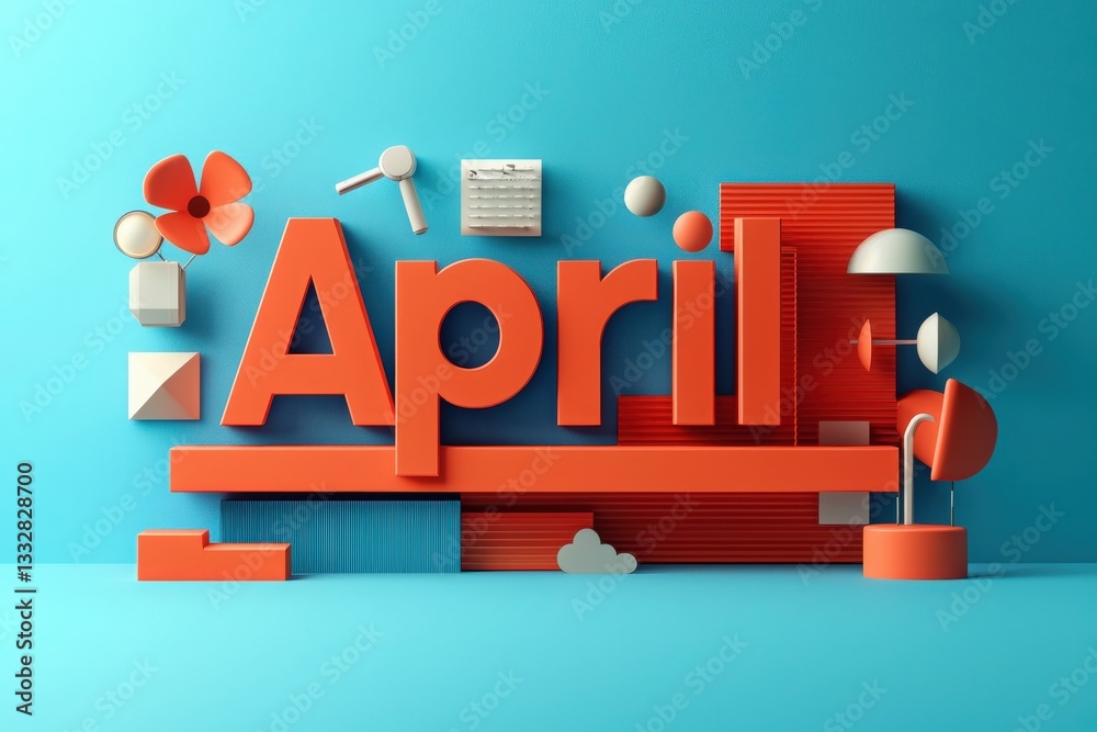 Bright and playful display featuring the word April in bold orange letters, surrounded by various geometric shapes and colorful elements against a blue backdrop, creating a cheerful ambiance.