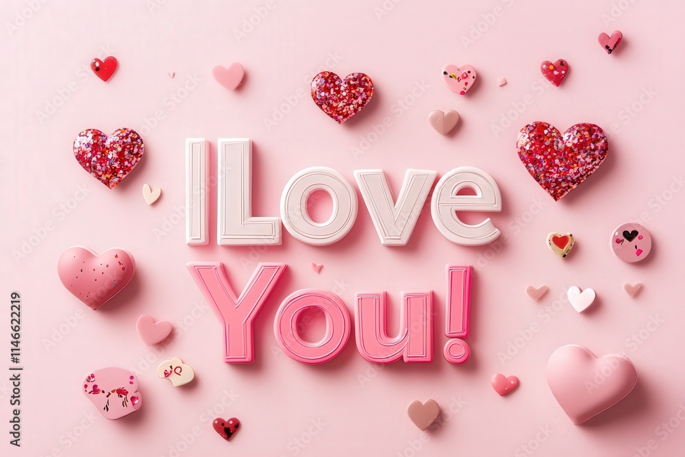 Bright and playful heart decorations surround the message I Love You in various colors and textures, set against a soft pink backdrop, perfect for celebrations of affection.