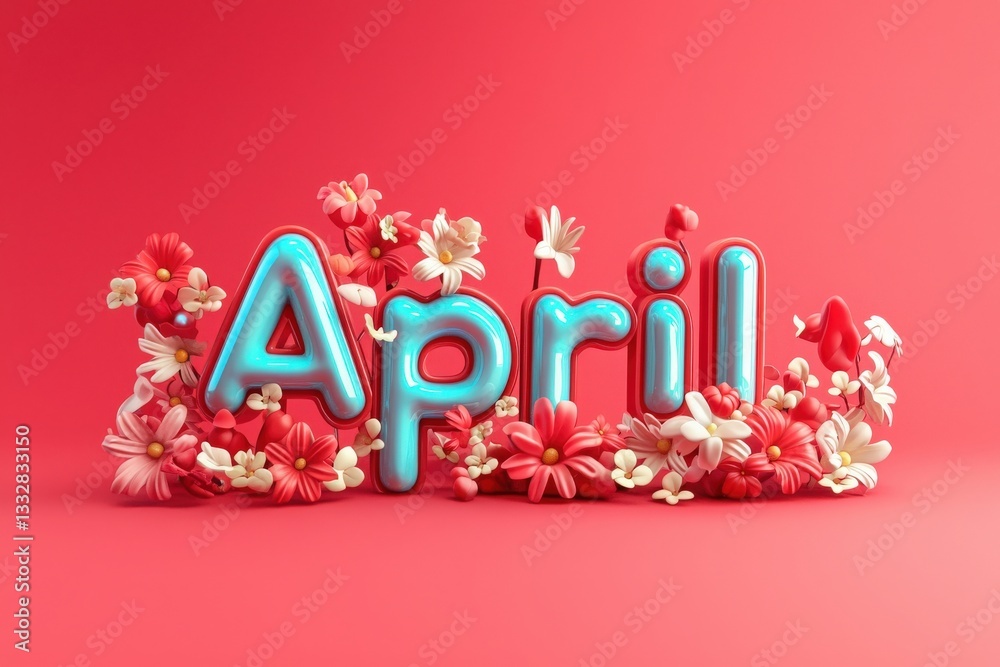 Bright and playful lettering spells out April, surrounded by an assortment of floral arrangements in vivid colors. This design captures the essence of spring with joy and liveliness.