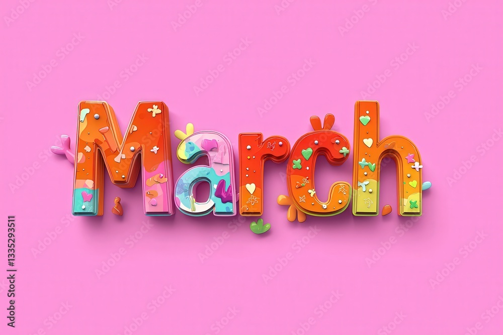 Bright and playful letters form the word March, decorated with small colorful shapes and designs, creating a cheerful atmosphere perfect for springtime celebrations.