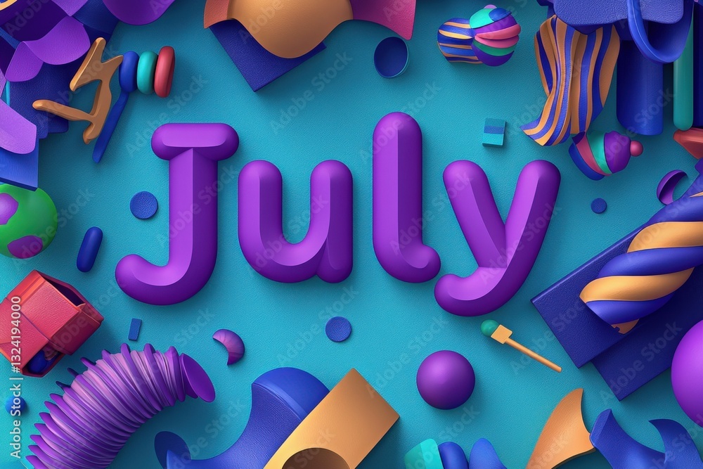 Bright and playful shapes surround the large, purple word July, set against a vibrant teal background. The design features various textures and forms, evoking a fun, summery feel.